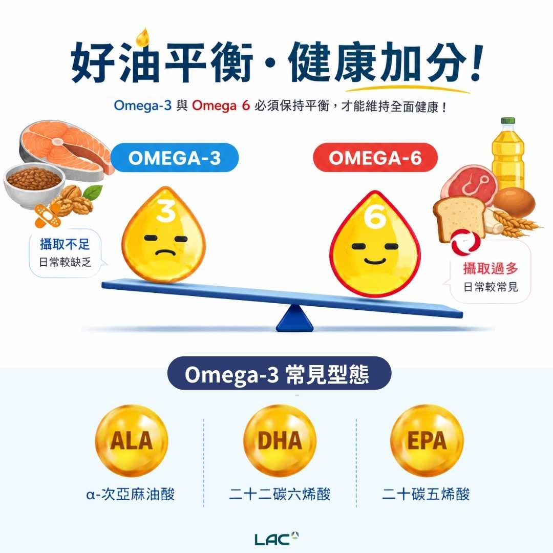Omega-3 與 Omega-6 比例平衡示意圖 - LAC 保健領導品牌