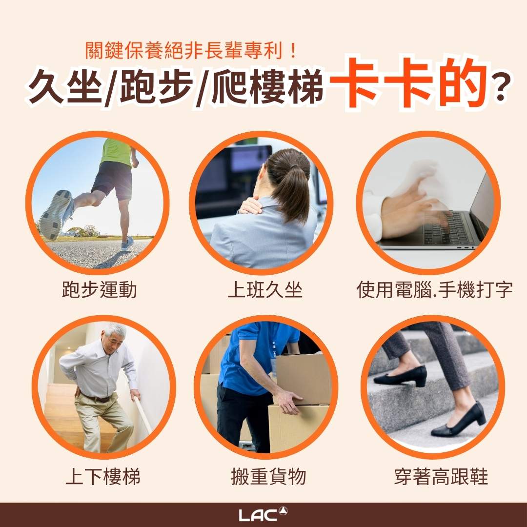 上班久坐、穿著高跟鞋、經常搬貨物,環節卡關示意圖 - LAC 保健領導品牌 上班久坐、穿著高跟鞋、經常搬貨物,環節卡關示意圖 - LAC 保健領導品牌